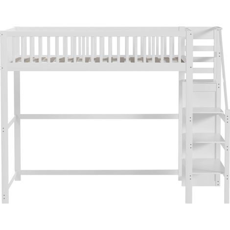 Cama alta infantil 140x200 blanca de madera con escalera y almacenamiento (1/5)
