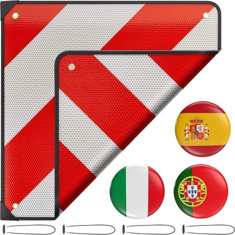 Panneau d'Avertissement Réfléchissant, 50 x 50 cm Panneau d'Avertissement Italie et Espagne, Panneau d'Avertissement avec 4 Nœuds de Corde pour Porte-Vélos Remorque Arrière Voiture Camping-Car (1/5)