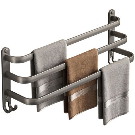 BUNTHAUS Wandmontierter Handtuchhalter aus Aluminium, 3 Ebenen mit Haken, 58 cm – wasserfest – für Bad und Küche, Schwarz