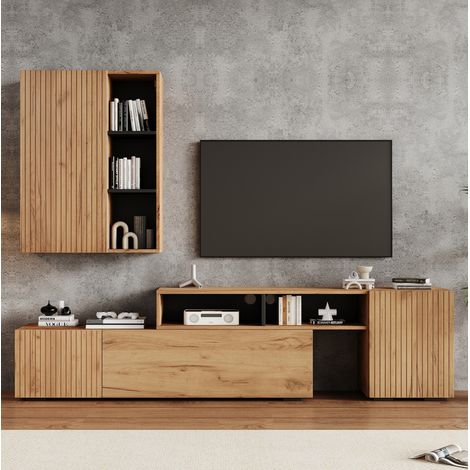 Meuble TV modulable avec vitrine murale, réglable 174-265 cm, bois et noir OKMYHOME (1/5)