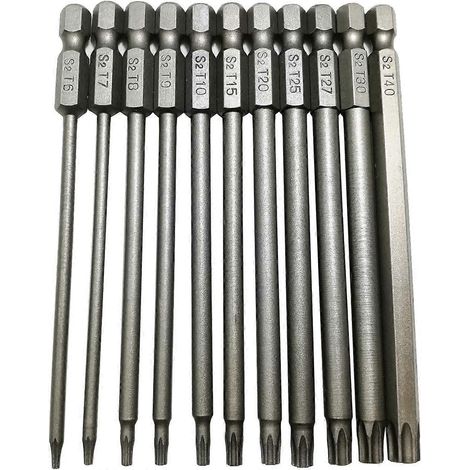 Jeu de 11 tournevis Torx longs - Embouts Torx creux - Acier S2 - avec tête de sécurité - Tige hexagonale - 100 mm - T6 T7 T8 T9 T10 T15 T20 T25 T27 (1/5)