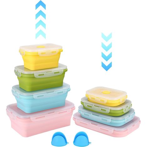 Ensemble de 4 boîtes de conservation pliables en silicone avec couvercles, pour aliments, compatibles micro-ondes et lave-vaisselle, idéales pour les boîtes à bento (bleu/vert/rose/jaune) (1/5)