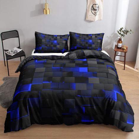Bettwäsche-Set 200x200 cm Schwarz-Blau Würfelmuster Mikrofaser mit Reißverschluss