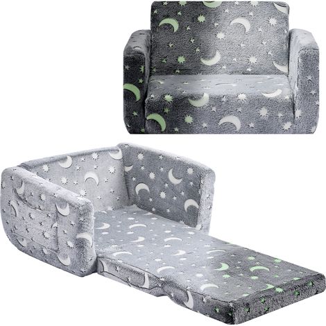 Mophorn Sofá infantil 2 en 1 con reposabrazos, convertible en tumbona, sofá cama plegable y cómodo de espuma 28D y franela con estampado que brilla en la oscuridad para leer y jugar, tamaño M, gris