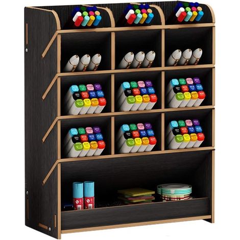 Caja organizadora de madera para bolígrafos, organizador de escritorio multifuncional para el hogar, la oficina y la escuela, color negro (1/5)