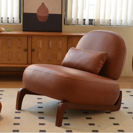 Sgabello in ecopelle marrone con gambe in legno, seduta confortevole per soggiorno e camera (1/5)