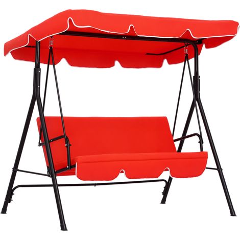 Altalena da giardino a 3 posti con tettuccio inclinabile regolabile, cuscini per seduta e schienale, 1,72 m (lunghezza) x 1,1 m (larghezza) x 1,52 m (altezza), acciaio nero, poliestere rosso.