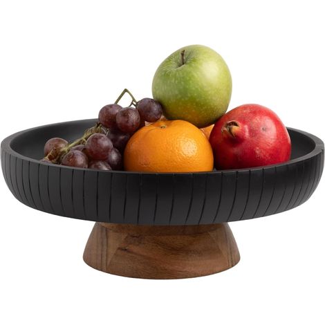 Obstschale aus Holz, schwarze Dekoschale, Sockel naturbelassen  30 cm Durchmesser  Zweifarbige Außenseite (schwarz)