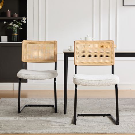 Chaise de salle à manger en rotin avec structure métallique noire, style vintage, dossier cannage synthétique et assise en chenille, cuisine salon chambre, ivoire (1/5)