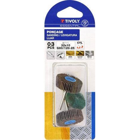 Tivoly - 3 Mini-ruote abrasive Ø25-32(x2) mm (nylon, corindone) - Gambo Ø3mm - Adatte per uso su microtrapano tipo Dremel (1/2)
