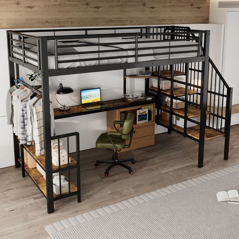 JOOKGBD-Letto Mezzanina in Metallo 120×200cm con Scala ad Angolo con Corrimano, Passacavi, Armadio e Scaffali, Dispositivo Antiribaltamento, Spazio Sotto il Letto Alto per Camera da Ragazzo (1/5)