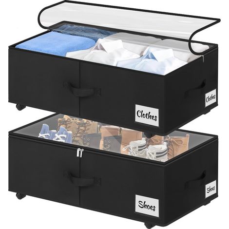Boîte de rangement sous le lit avec roulettes à rotation à 360°, lot de 2 XXL, 60 L, boîte de rangement sous le lit avec couvercle transparent, montage rapide, boîte de rangement pour couettes (1/5)