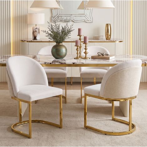 2 Esszimmerstühle in Beige mit goldfarbenen Metallbeinen und Chenillebezug (1/5)
