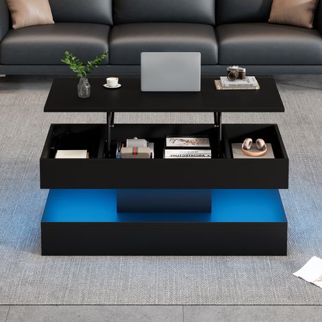 Table basse LED 100x50x42 cm, rangement caché, plateau relevable, 50 kg (1/5)