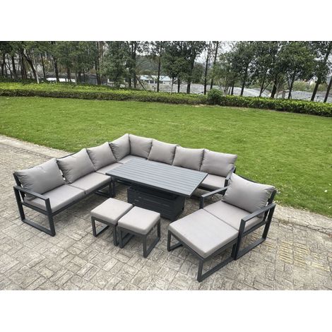 Fimous L-shaped Garden Furniture Set 11-Seater Aluminium Outdoor Dining Set with Adjustable Rising Lifting Dining Table 3 Footstools Chair Dark Grey (1/5)