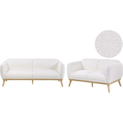 5 Seater Living Room Set White Boucle Fabric 2 Seater and 3 Seater Wooden Tapered Legs Couch Set LJUNG (1/5)