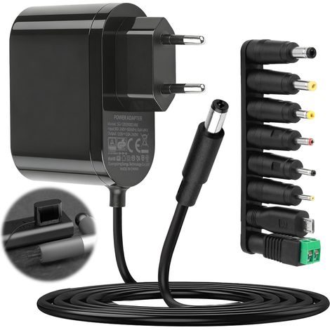 Adaptateur 12V 2A, Universel AC DC 100-240V 5.5mm x 2.1mm avec 8 Adaptateur Chargeur 50/60Hz Alimentation Transformateur 24W 2000/1000/500mA pour Haut-Parleurs Bandes LED Routeurs Caméras Monitor, 1. (1/5)