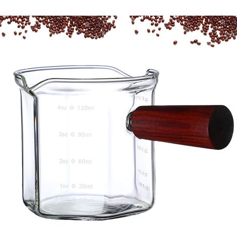1 Tasse à doser, Verre borosilicate, Bec verseur V, Manche en bois, Graduation double, 120 ml, Pour expresso et lait (1/5)