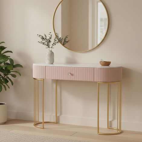 Dmora - Consola Abstraktes , Mesa multiusos, Gabinete de soporte, Escritorio de pasillo, 100x40 h75 cm, Rosa y Blanco (1/5)