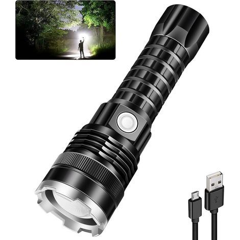 Lampe Torche LED Ultra Puissante, 2000000 Lumens Lampes de Poche Rechargeable 5 Modes, Tactique Militaire pour Patrouiller, Randonnée, Camping, Chasse (1/5)