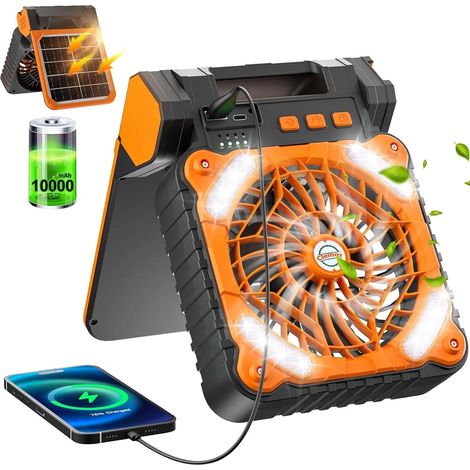 Ventilateur solaire rechargeable (orange) avec lumière LED, pliable, pour tente extérieure. (1/5)