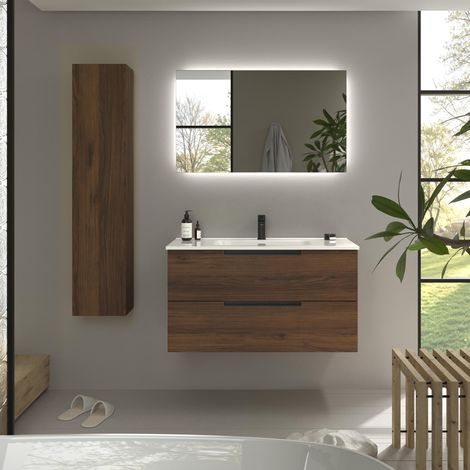 Mueble de Baño LENI 100cm Nogal 2 cajones Lavabo 1 poza Porcelana (1/5)
