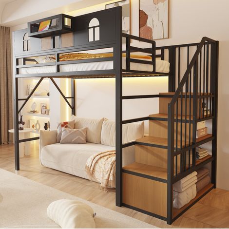 Lit mezzanine enfant 90x200 cm en métal noir, gain de place pour chambre, sans matelas FloraGrace (1/5)