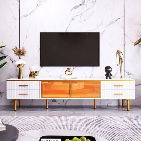Meuble TV - SOGEU - Marbre optique avec verre trempé - 4 tiroirs 2 portes vitrées - LED multicolore - 170 x 37 x 47,5 cm (1/5)