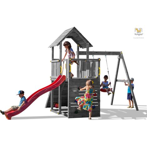 Fungoo Spielturm "Carol 3", grau, mit Rutsche, Schaukel, Kletterwand, Rampe und Holzdach