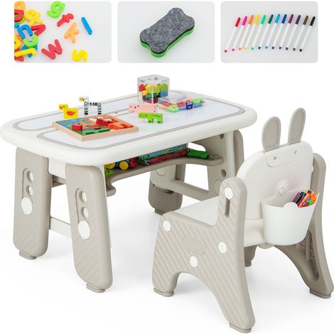 Tavolo e sedia per bambini con mensola ribaltabile lavagna magnetica cancellabile, Tavolo e sedia per imparare Grigio (1/4)