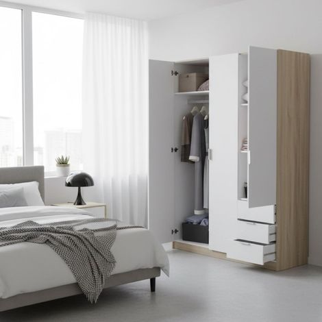Dmora Garderobe Allentown, Schlafzimmerschrank mit 3 Türen und 3 Schubladen, Schrank mit Kleiderstange und 3 Einlegeböden, cm 121x52h180, Weiß und Eiche (1/5)