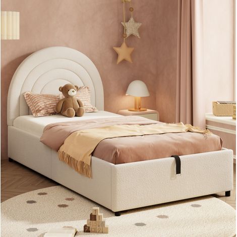 Letto imbottito per bambini moderno 90x200 cm in bouclé beige con testiera, rete a doghe e contenitore idraulico (1/5)