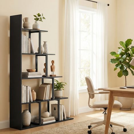 Libreria/divisorio a gradini in stile industriale con 5 ripiani, 102 x 30 x 160 cm, nero