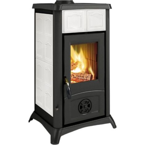 Stufa a legna con struttura in ghisa e rivestimento esterno in maiolica sistema di post combustione 6 kw Gemma Liberty Nordica - White (1/5)