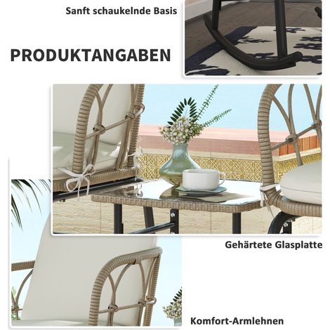 Ensemble 3 pièces en rotin : 2 fauteuils à bascule + 1 table basse, mobilier de jardin avec coussins pour terrasse et balcon (1/5)