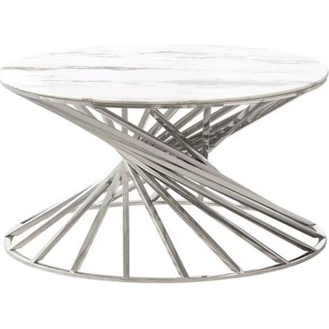 Table Basse NAUTILUS Ronde Plateau Verre Trempé Marbré Blanc Pieds Chrome D80x45cm (1/5)