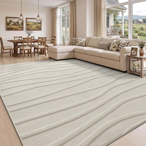 Tapis Salon 200x280cm, Lavable, Peluche Ondulée, Antidérapant, Beige (1/5)