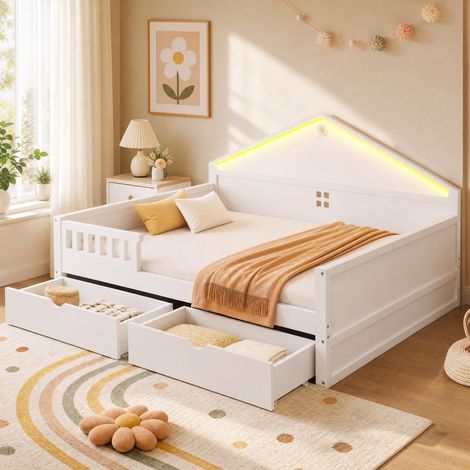 Cama 140x200 con LED, 2 cajones y somier de láminas, blanco y gris OKMYHOME (1/5)