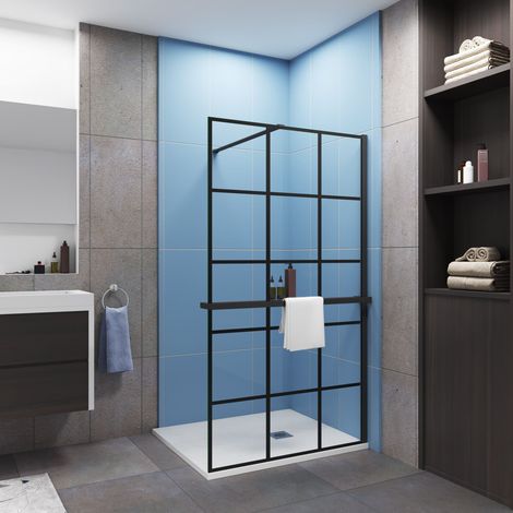 Paroi de douche à l'italienne sérigraphie brique 80x200cm installé avec une barre de fixation noir en 90cm,livré avec étagère de douche noir