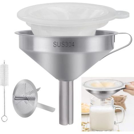 Ensemble de 4 Pièces de Entonnoir cuisine en Acier Inoxydable Entonnoir avec 300 Filtres en Mesh et Filtre Métallique et Brosse Filtre à Alimentaire pour Filtre Huile Accessoire Rhum Arrangé (1/5)
