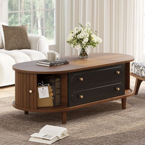 Tavolino ovale con contenitore, 2 cassetti e 2 ante scorrevoli, tavolino laterale per soggiorno/camera da letto, finitura noce e nero, 100×50×36 cm (1/5)