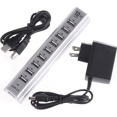 Hub USB - 10 Ports - Débit 480 Mbit/s - Alimentation Intégrée - Pour Bureau Maison Atelier - 1 Pièce (1/5)