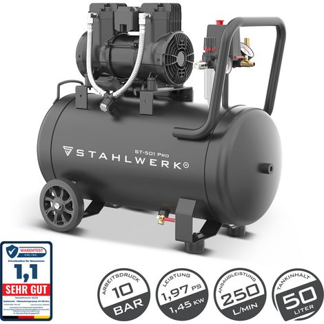 STAHLWERK Compresseur avec réservoir de 50 L (ST-501 Pro) sans huile et silencieux, 10 bars, 70 dB, 1,97 PS (1,45 kW), 250 l/min Compresseur d'air comprimé avec moteur sans balais (1/5)