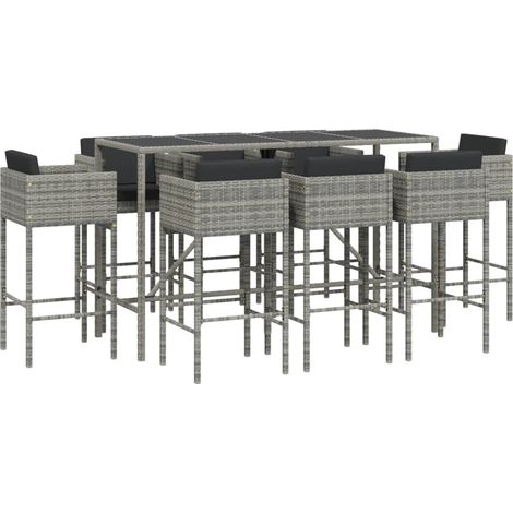 9 Piece Garden Bar Set with Cushions Grey Poly Rattan vidaXL (1/5)
