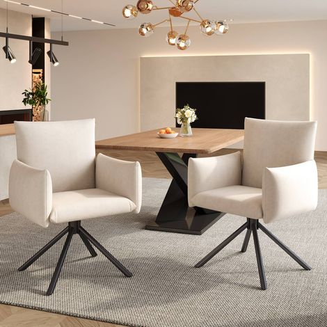Lot de 2 chaises pivotantes velours beige piètement métal dossier ergonomique soutien lombaire bureau (1/5)