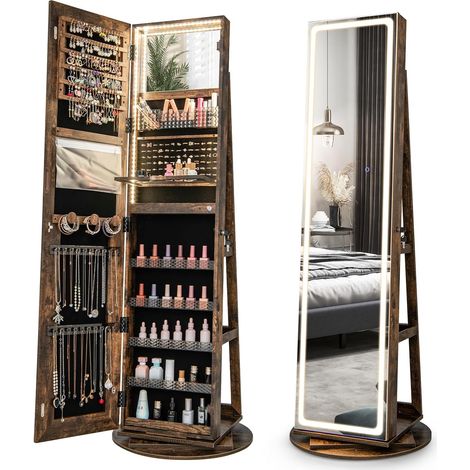 Goplus – Armoire à bijoux pivotante 360° avec miroir pleine longueur et lumières LED – Verrouillable – 108 emplacements pour bijoux – Marron (1/5)