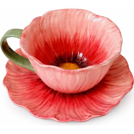 Keramikbecher mit blumenförmiger Untertasse, 300 ml, dekoriert