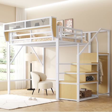 lit adulte mezzanine rangement 140x200 métal blanc OKMYHOME (1/5)