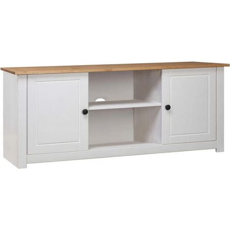 Meuble TV 2 portes pin massif foncé et blanc Ored 120cm (1/5)