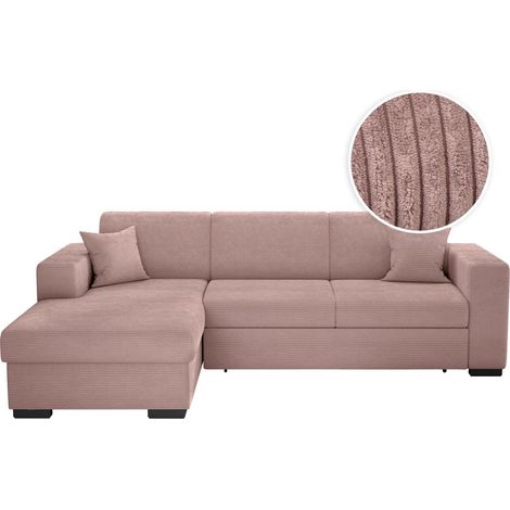 Loungitude – Canapé d'angle convertible FUJI XL avec coffre en velours côtelé – Angle gauche – 5 places – Coloris vieux rose (1/5)